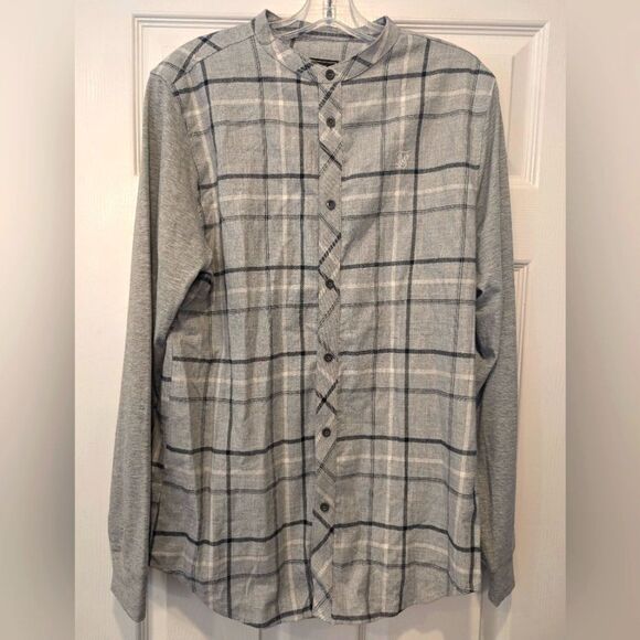 SikSilk flannel check grandad collar shirt contrast Gray Plaid Button-Up L - Picture 4 of 10